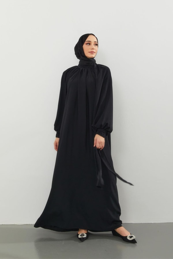 Alisa Balon Kol Krep Elbise - Siyah