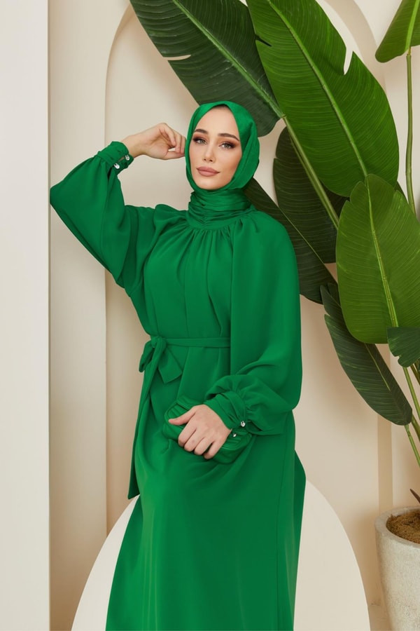 Alisa Balon Kol Krep Elbise - Zümrüt
