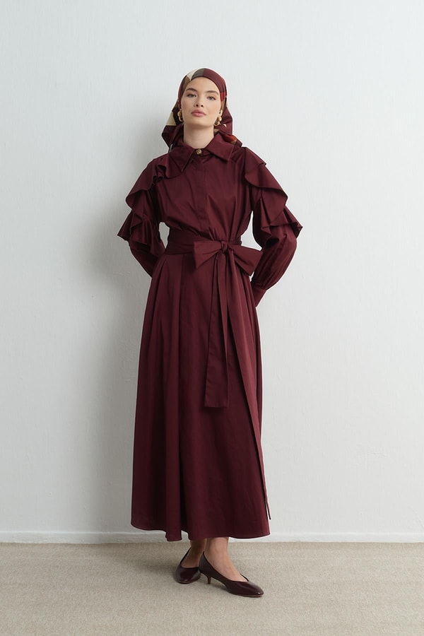 Alora Fırfır Detay Astarlı Elbise - Bordo
