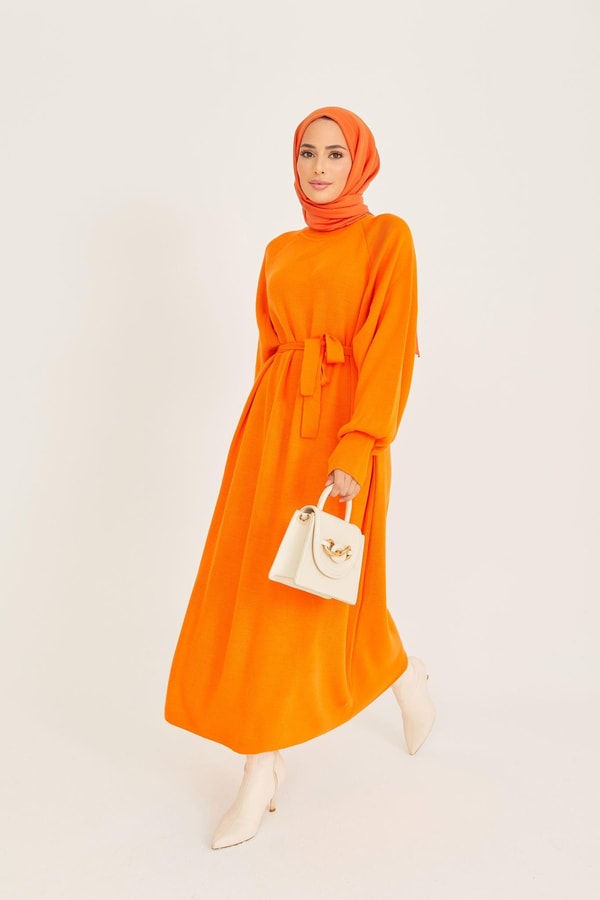 Ara Boy Kuşaklı Triko Elbise - Orange