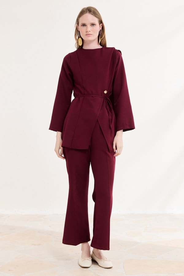 Asimetrik Double Pantolon Takım - Bordo