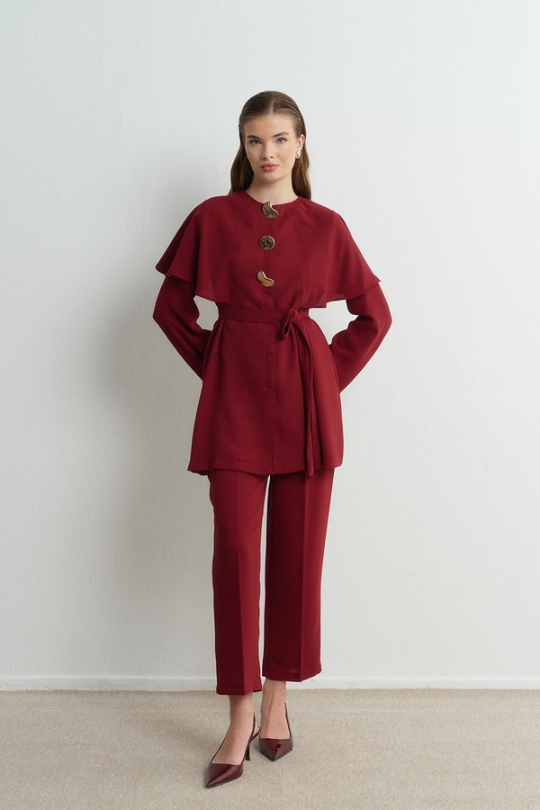 Asos Pelerinli Krep Takım - Bordo