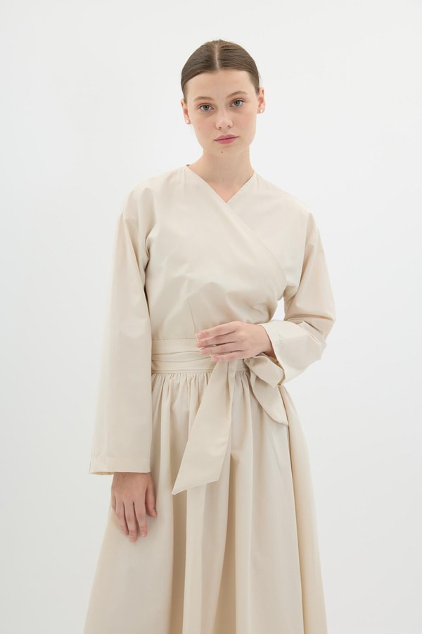 Bağlamalı Poplin Etek Takım - Bej