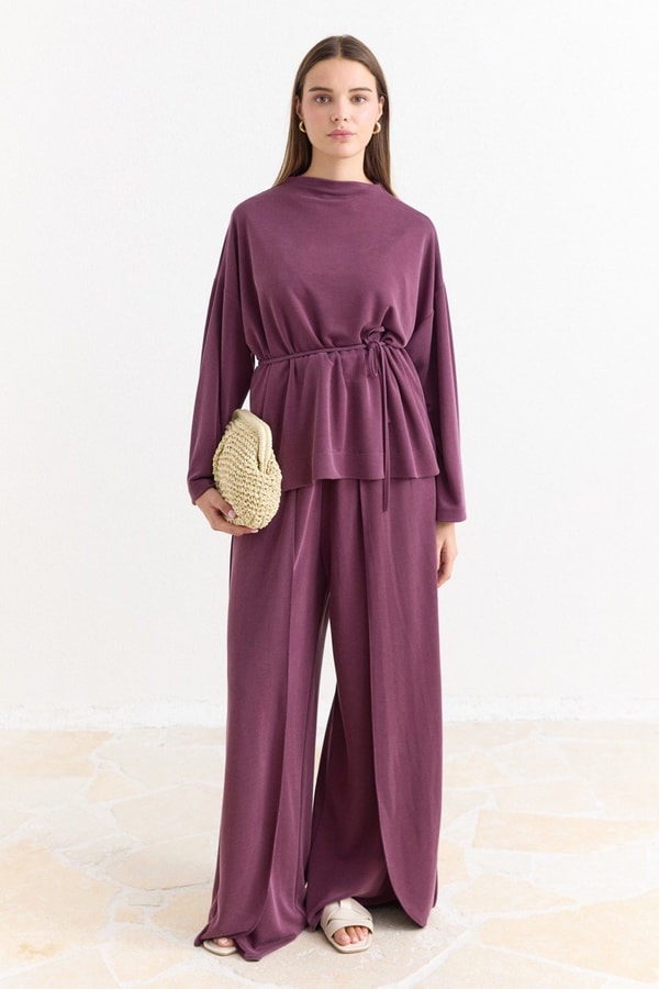 Biye Kuşaklı Basic Pantolonlu Takım - Mürdüm