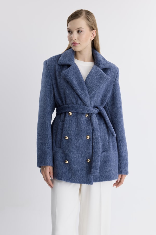 Blazer Düğmeli Kaşe Ceket - Lacivert