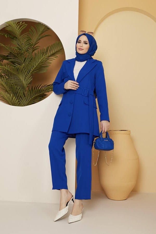 Bonni Kemer Toka Detaylı Ceket Takım - saks mavisi