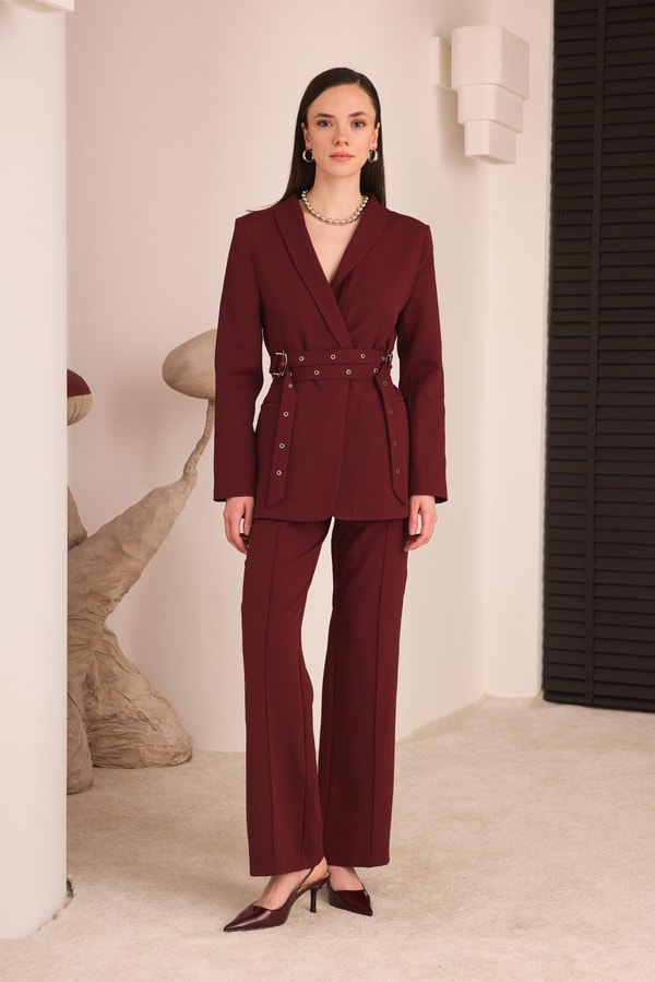 Çift Kemerli Blazer Takım - Bordo