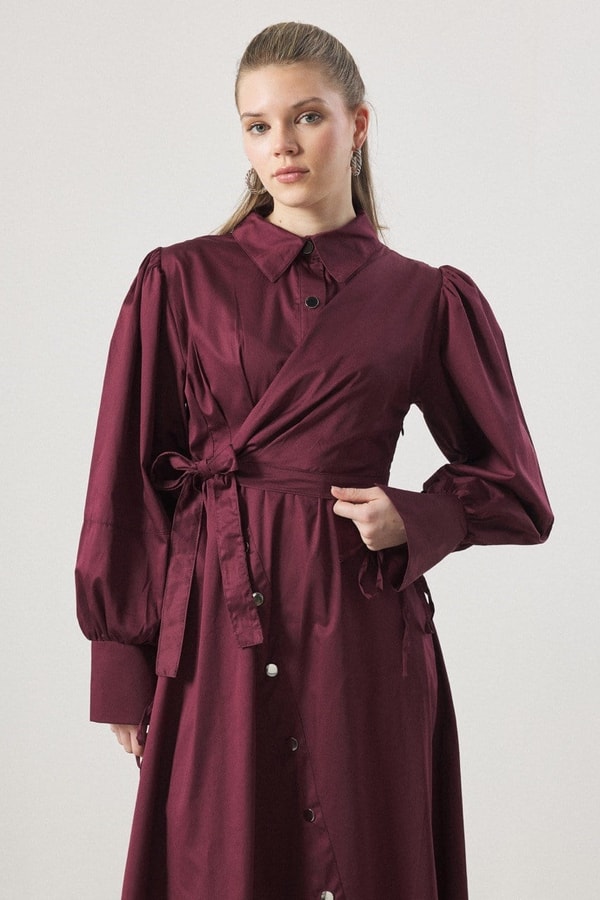 Çıtçıt Detaylı Compact Saten Elbise - Bordo