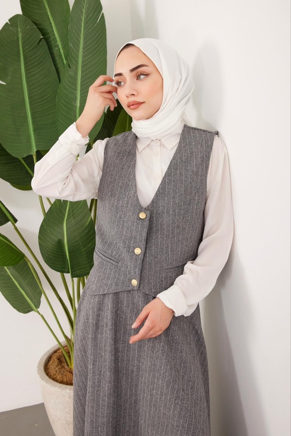 Çizgili Etek Takım - Gri