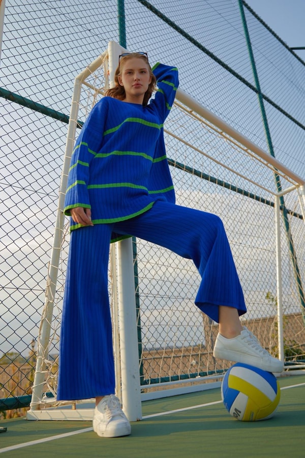 Çizgili Triko Takım - saks mavisi