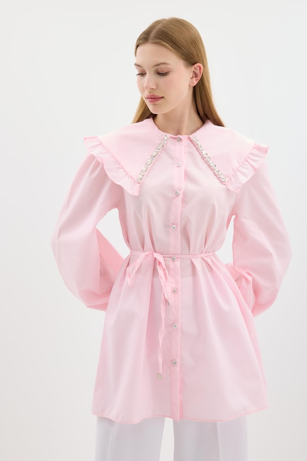 Dacron Yaka İşlemeli Gömlek - Pembe