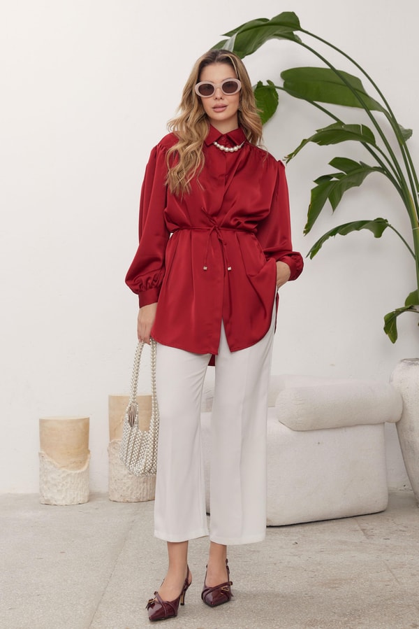 Daisy Saten Düğmeli Gömlek - Bordo