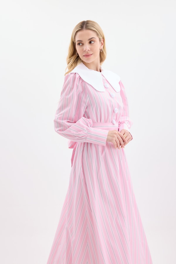 Della Çiçekli Çizgili Yaka Detay Elbise - Çizgili Pembe