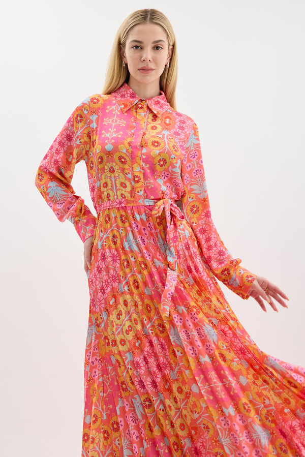 DESENLİ PİLİSOLEY SATEN ELBİSE - Pembe
