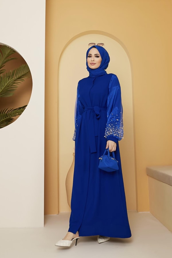 Dorika Kolu İncili Kemerli Abaya - saks mavisi