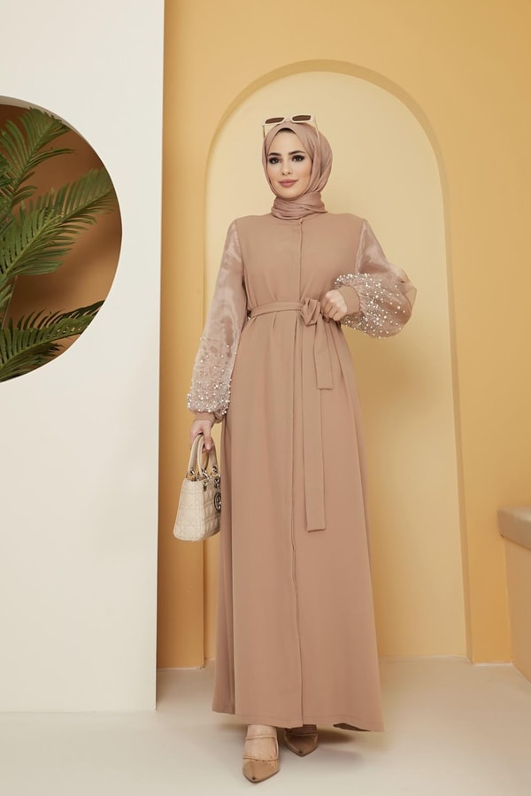 Dorika Kolu İncili Kemerli Abaya - sütlü kahve