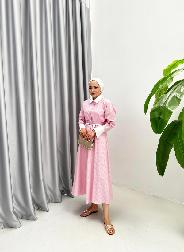 Düğme Detaylı Çizgili Etek Takım - Pembe