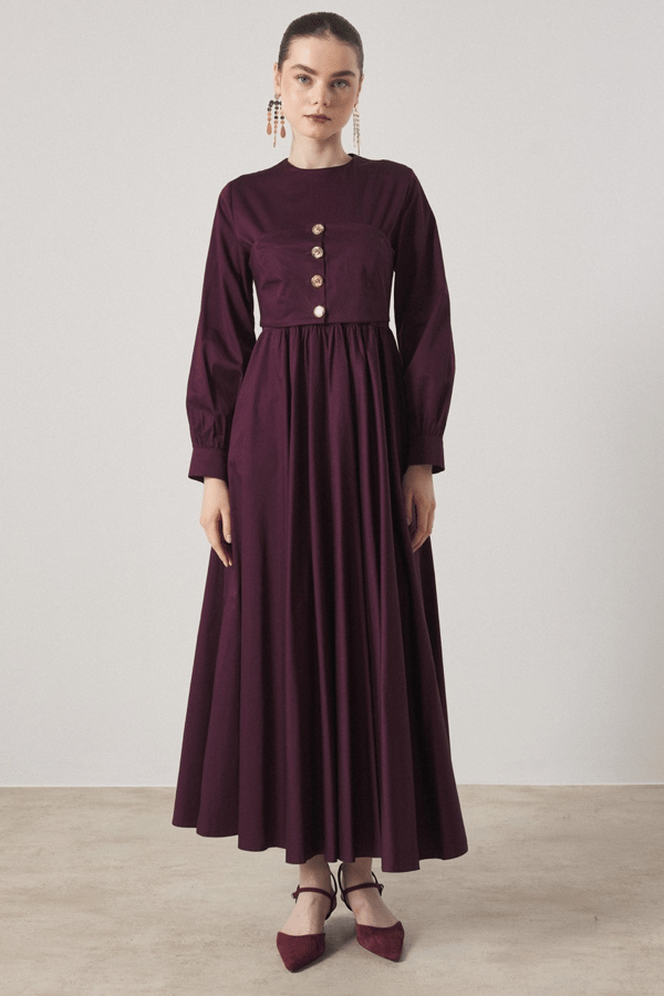Düğme Detaylı Compact Saten Elbise - Mürdüm