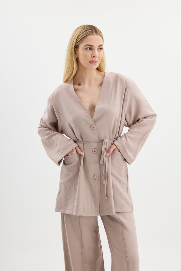 DÜĞME DETAYLI PANTOLON TAKIM - Taş
