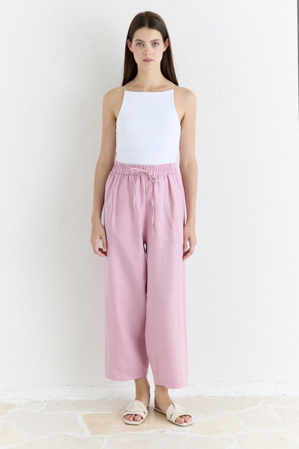 Düz Kesim Organik Keten Pantolon - Pembe