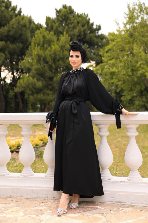 Eftelya Saten Abiye Elbise - Siyah