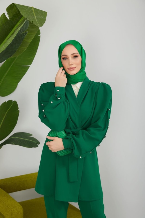 Elika Omzu Büzgülü Kolu Düğmeli Krep Takım - Zümrüt