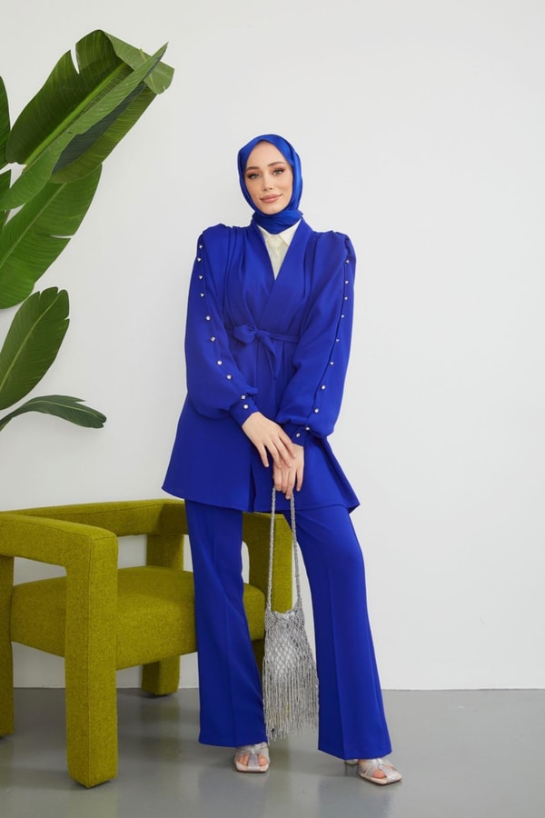 Elika Omzu Büzgülü Kolu Düğmeli Krep Takım - saks mavisi