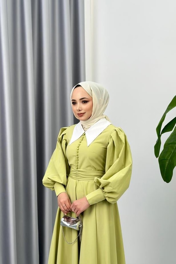 Emily Yakalı Elbise - Yağ Yeşili