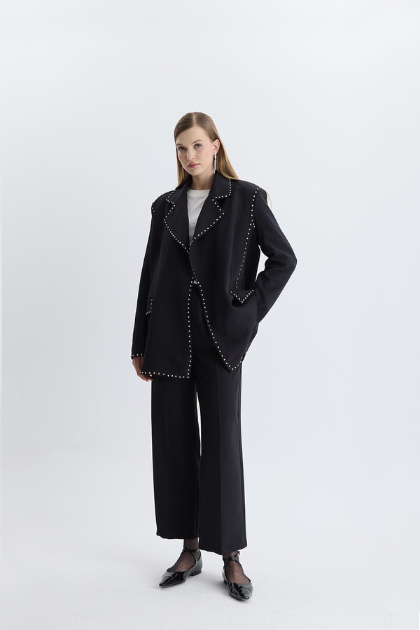 Esther Düğme İşlemeli Tasarım Blazer Takım - Siyah