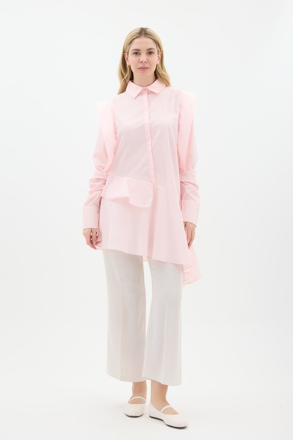 Fırfır Detaylı Poplin Gömlek - Pembe