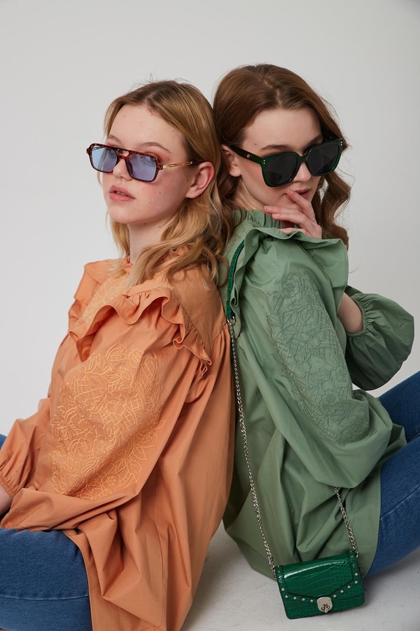 Fırfırlı Nakışlı Poplin Gömlek - Orange