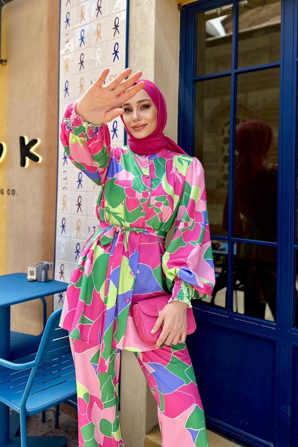Flare Balon Kol Gömlekli Takım - Fuşya