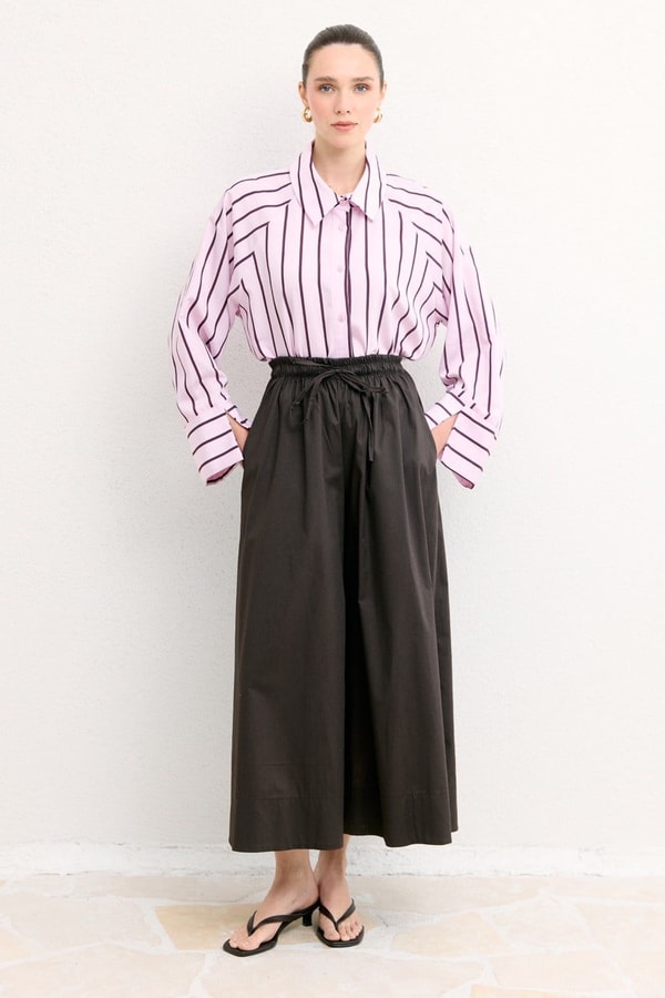 Geniş Paça Poplin Basic Pantolon - Kahve