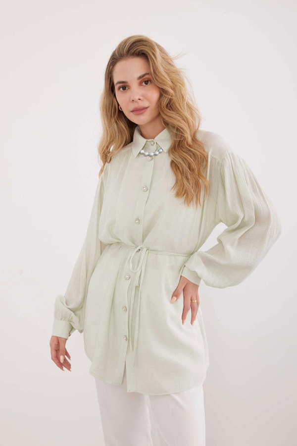 Girls Kolyeli Gofre Gömlek - Mint Yeşil