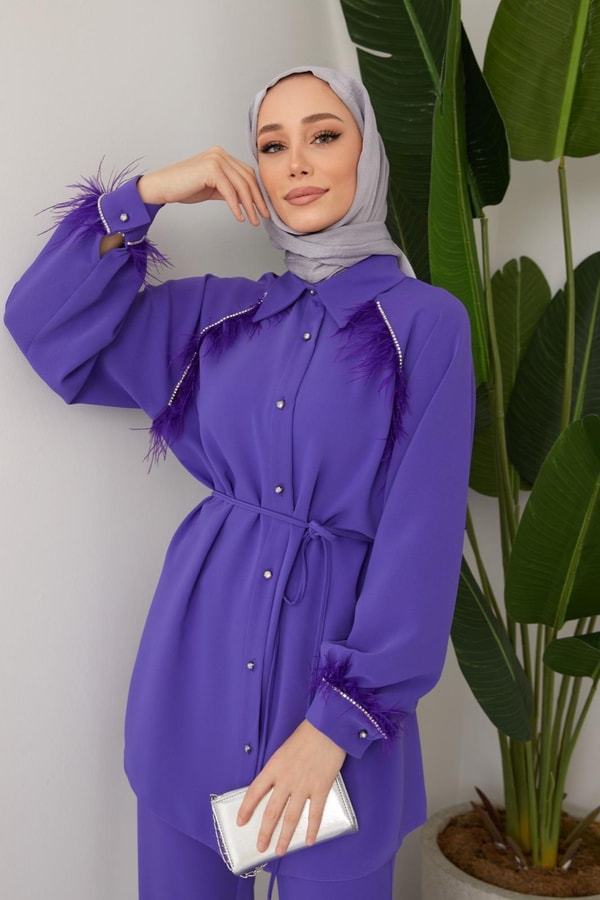 Gisha Taş Ve Tüy Detaylı Krep Takım - Mor
