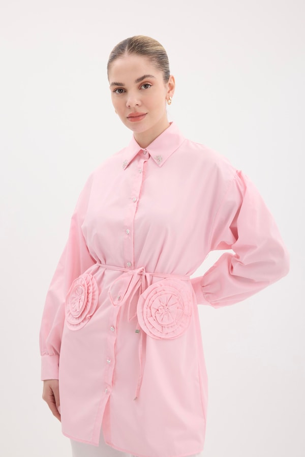 Gül Aksesuarlı Poplin Gömlek - Pembe