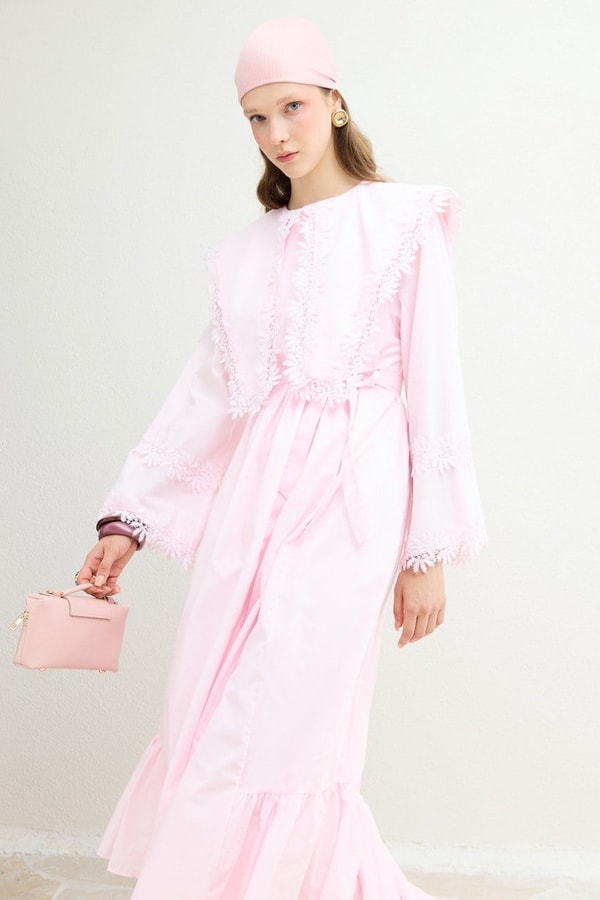 Güpürlü Dacron Elbise - Pembe
