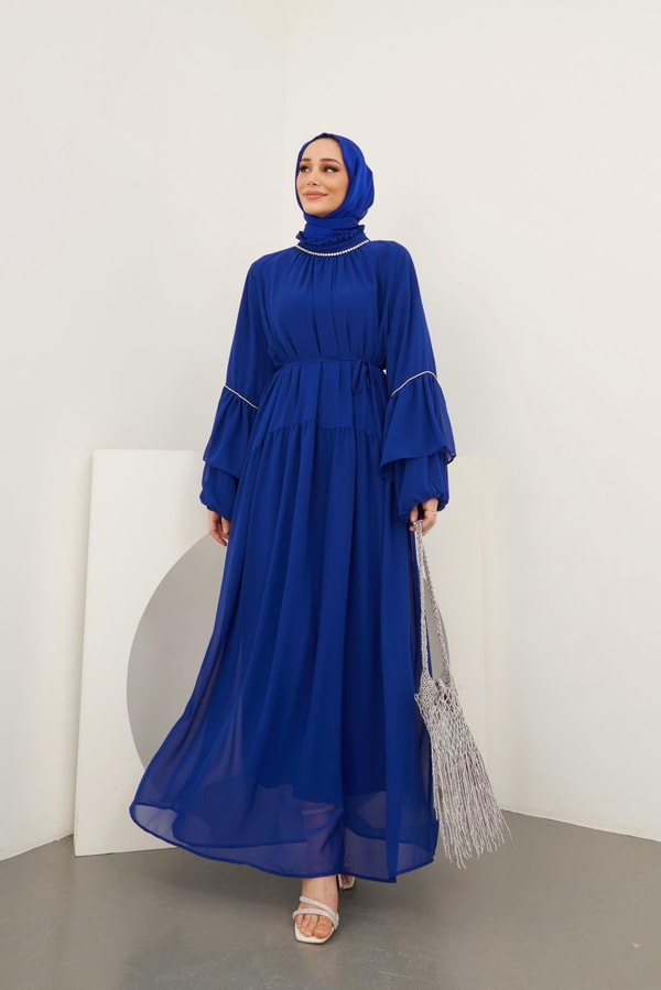 Helen Taş Detaylı Şifon Elbise - saks mavisi
