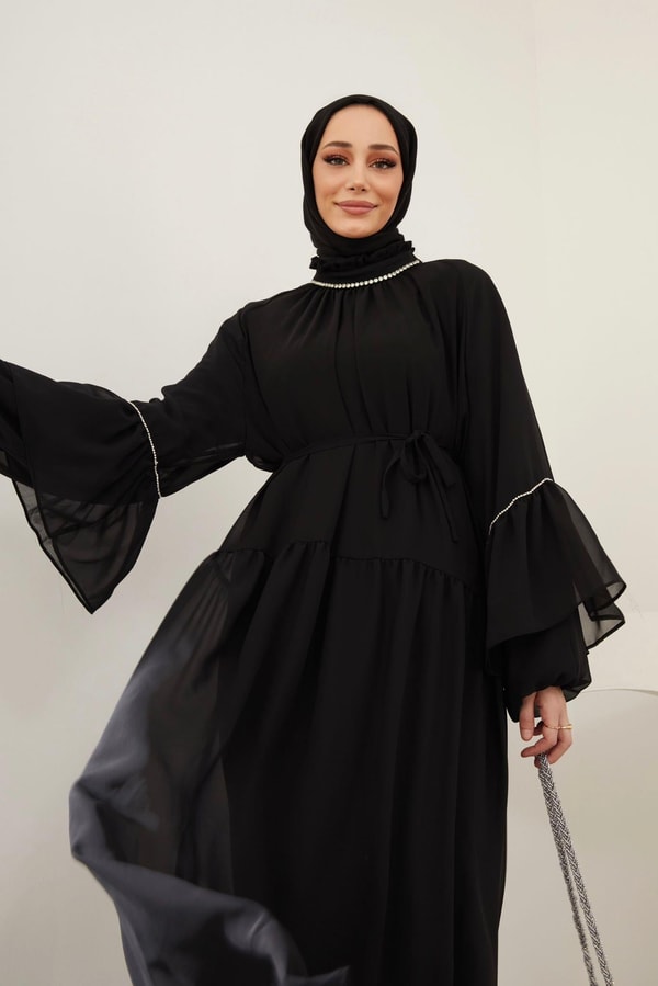 Helen Taş Detaylı Şifon Elbise - Siyah