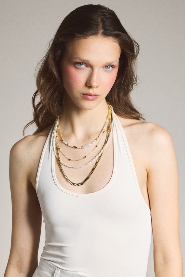 İnci Sıralı Zincir Kolye - Gold