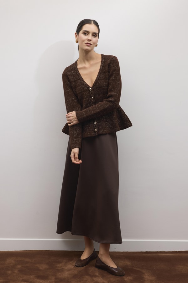 Jewel Peplum Simli Triko Hırka - Acı Kahve
