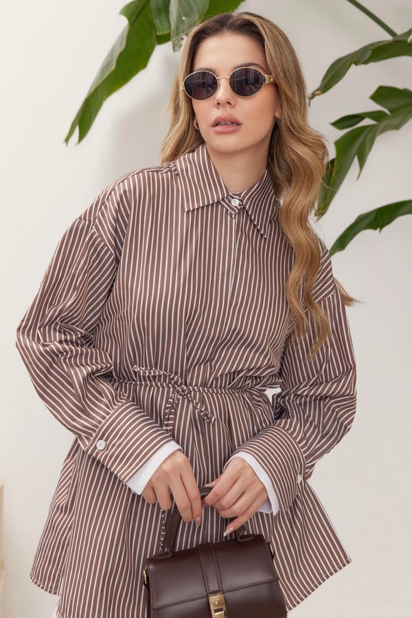 July Çizgili Poplin Gömlek - Kahve