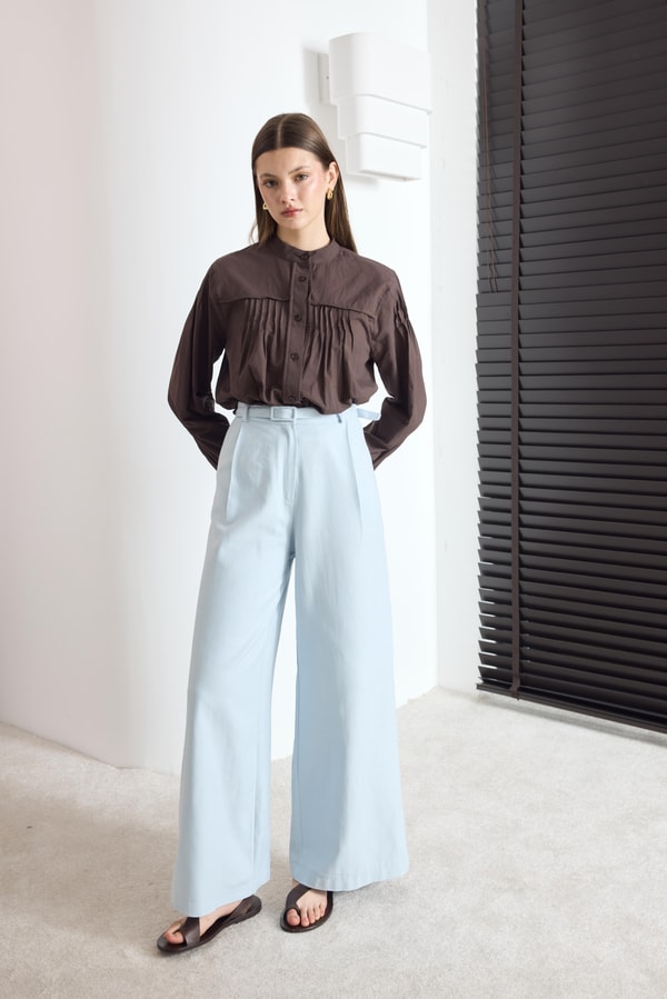 Kemerli Basic Keten Pantolon - Mavi