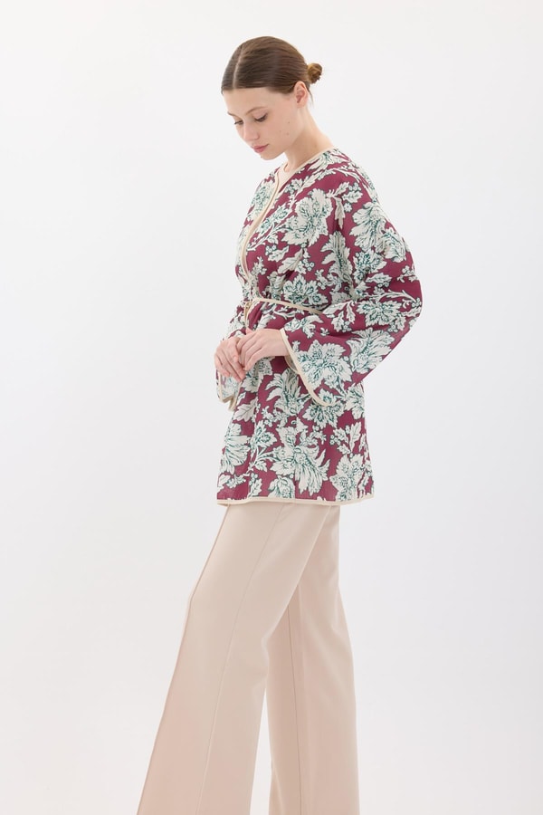 Keten Desenli Kimono - Bordo