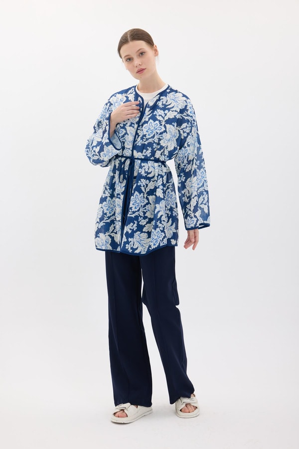 Keten Desenli Kimono - Lacivert
