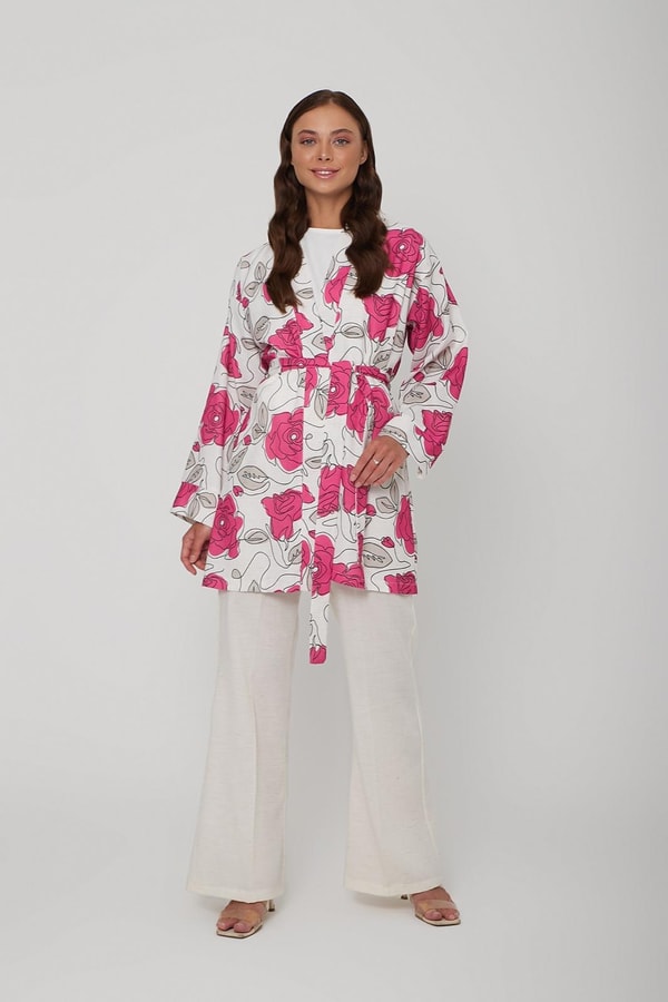Keten Efekt Kimono Takım - Fuşya