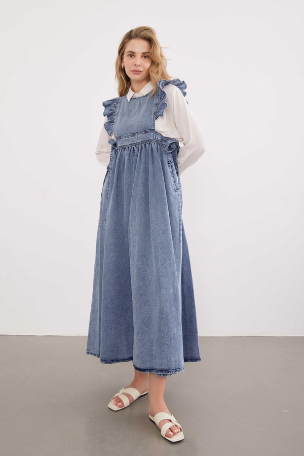 Kolları Fırfır Detaylı Denim Jile - Buz Mavisi