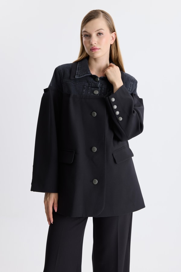 Kot Detaylı Blazer Ceket - Siyah