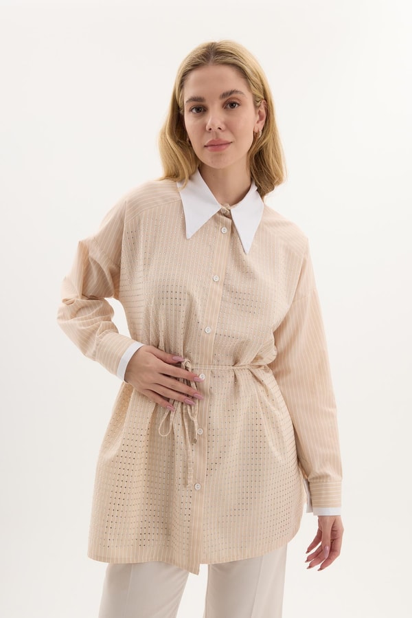 Kuşaklı Çizgili Poplin Gömlek - Bej