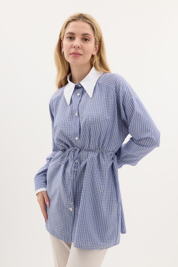 Kuşaklı Çizgili Poplin Gömlek - saks mavisi